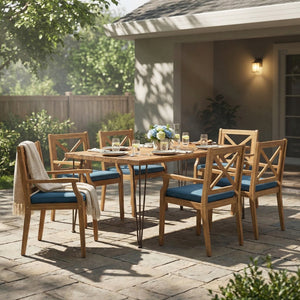 7-Piece Acacia Wood Outdoor Dining Set with Blue Cushions