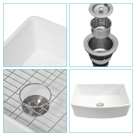 Ceramic Farmhouse Sink, Apron Front Single Bowl With Arch Edge