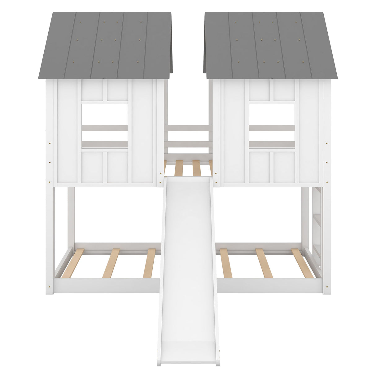 Twin Over Twin House Bunk Bed With Slide And Windows - White / Gray