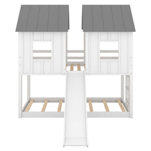 Twin Over Twin House Bunk Bed With Slide And Windows - White / Gray
