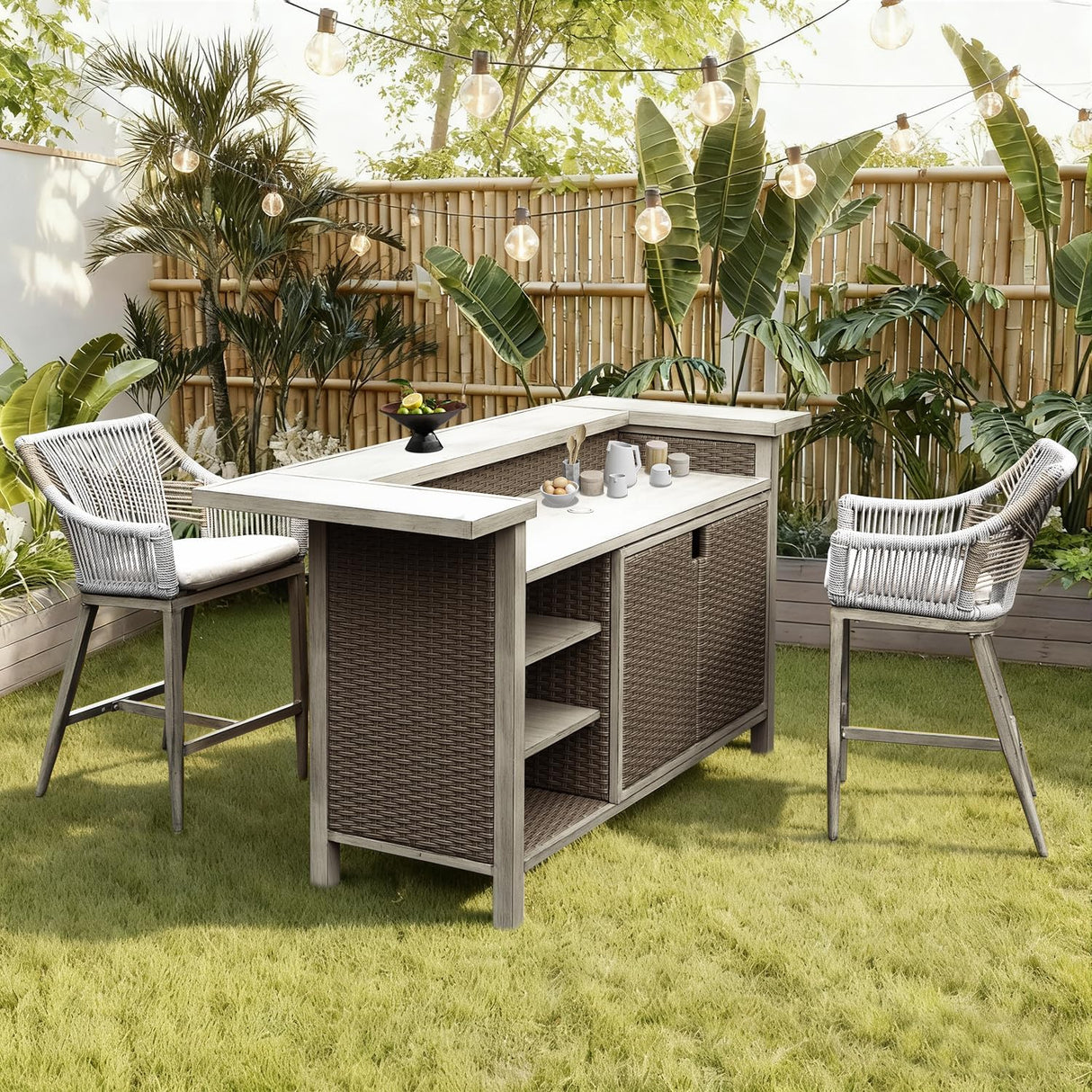 Outdoor Home Bar Unit Set of 3, All-Weather Wicker & Aluminum Frame