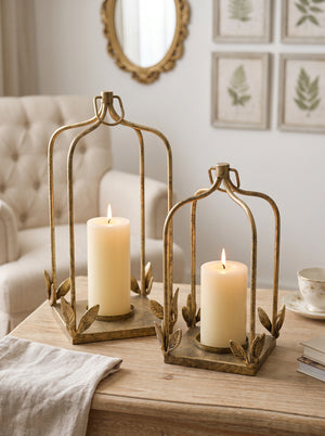 Set of 2 Luxe Distressed Golden Arched Iron Lantern