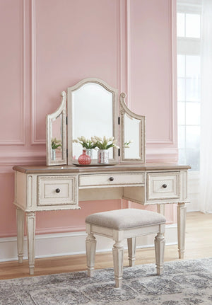 Realyn - Vanity/Mirror/Stool (Set of 3) - White / Brown / Beige - Best Buy Furniture