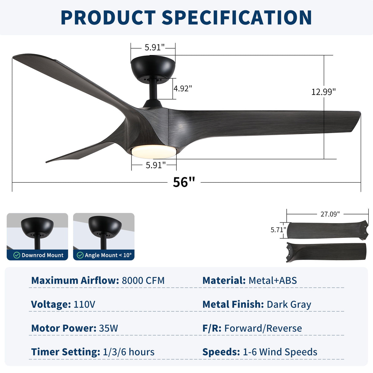 Reversible Quiet Motor Ceiling Fan Light With ABS Blades - Black / Gray