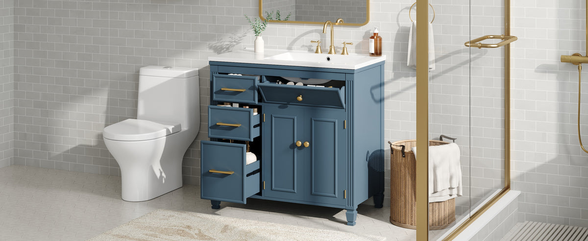 36" Bathroom Vanity with Sink, Ceramic Sink, One Tip-out Drawer, 3 Side Drawers, Adjustable Shelf