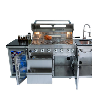 6 Burner 85, 000 Btu Deluxe Gas Outdoor Kitchen Island Grill With Wine Cooler Refrigerator, Rotisserie, Storage Cabinets & Drawers - Silver