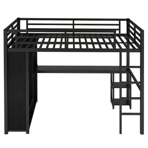 Full Size Loft Bed Frame with Built-in Wardrobe, Metal Loft Bed with Desk and Storage Shelves