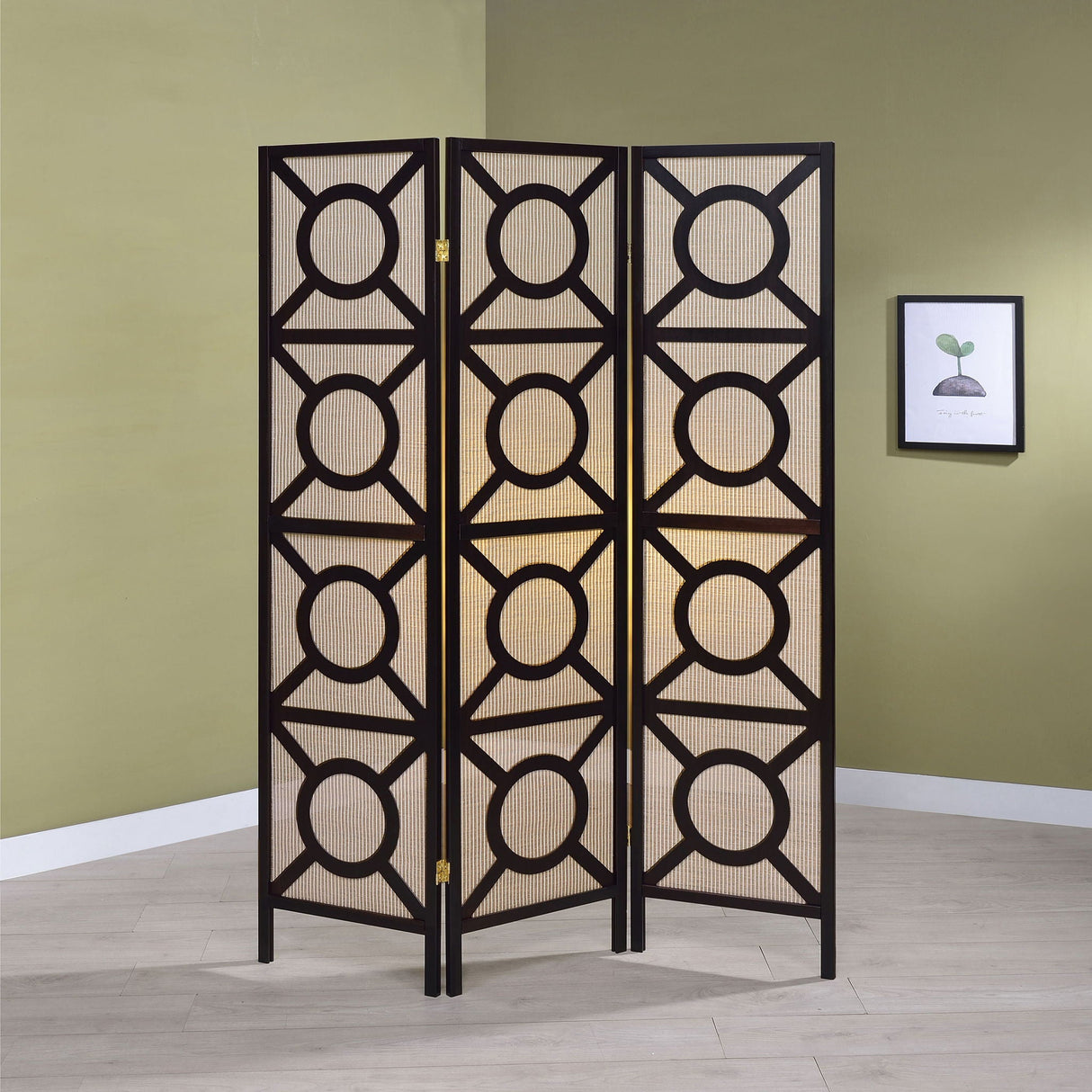 Circle Pattern 3 Panel Folding Screen - Brown
