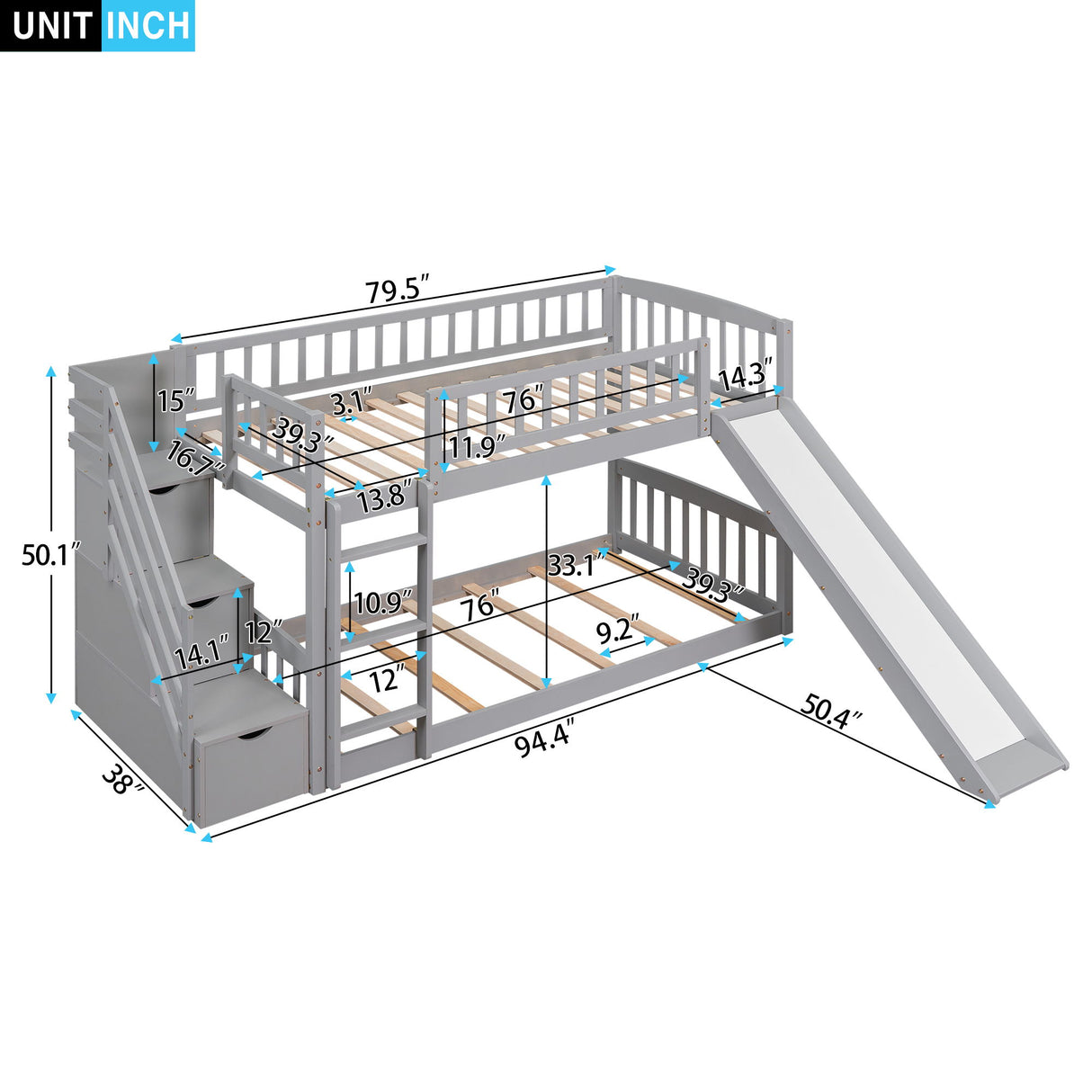 Twin Over Twin Bunk Stairway Bed With 2 Drawers And Slide - Gray