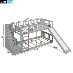 Twin Over Twin Bunk Stairway Bed With 2 Drawers And Slide - Gray