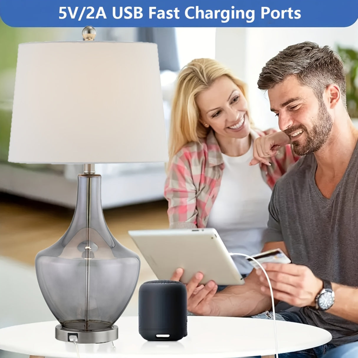 26-Inches Tall Single Glass Table Lamp with USB Charging Port