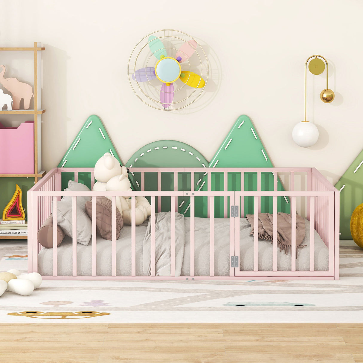 Metal Floor Bed Frame With Fence And Door