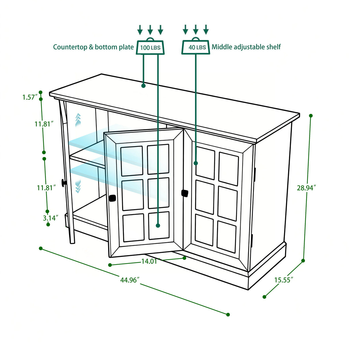 Storage Cabinet With 3 Mirrored Acrylic Doors, Adjustable Shelves