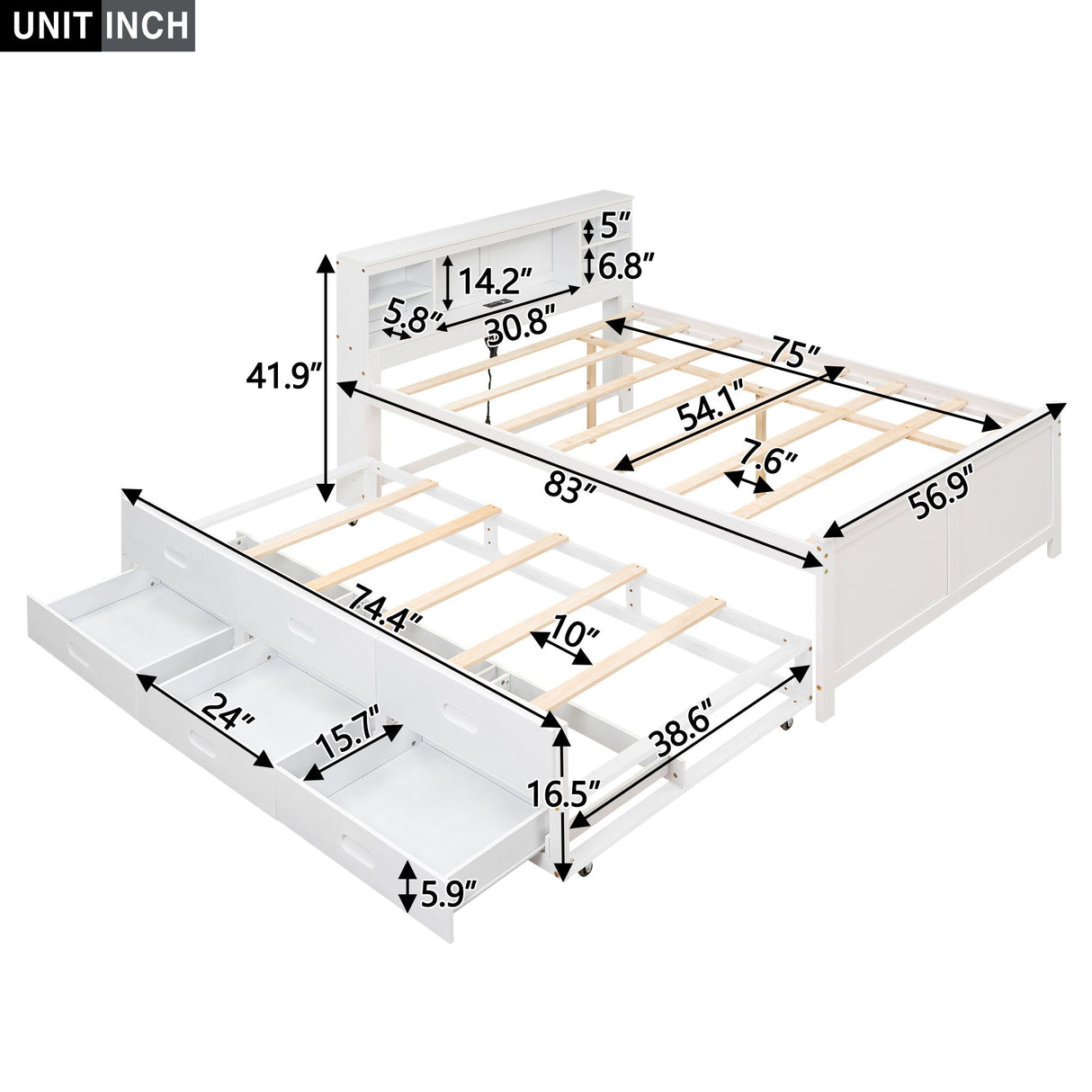 Platform Bed With Storage Headboard, USB, Trundle And 3 Drawers