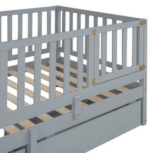 Daybed With Fence Guardrails And 2 Drawers, Split Into Independent Floor Bed & Daybed