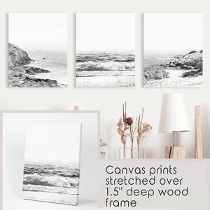 Coastal Black White Photography Set. Waves, Rocky Beach