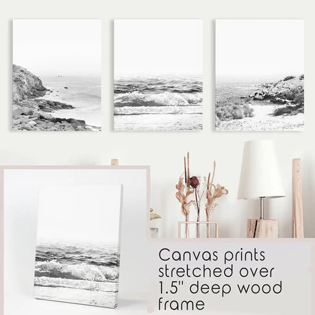 Coastal Black White Photography Set. Waves, Rocky Beach