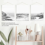 Coastal Black White Photography Set. Waves, Rocky Beach