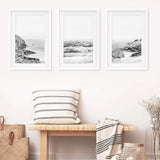 Coastal Black White Photography Set. Waves, Rocky Beach