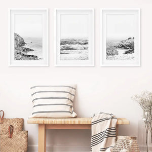 Coastal Black White Photography Set. Waves, Rocky Beach