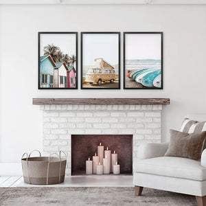 Summer Surfing Wall Art Set. Yellow Bus, Surfboards, Beach Cabins