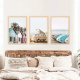 Summer Surfing Wall Art Set. Yellow Bus, Surfboards, Beach Cabins