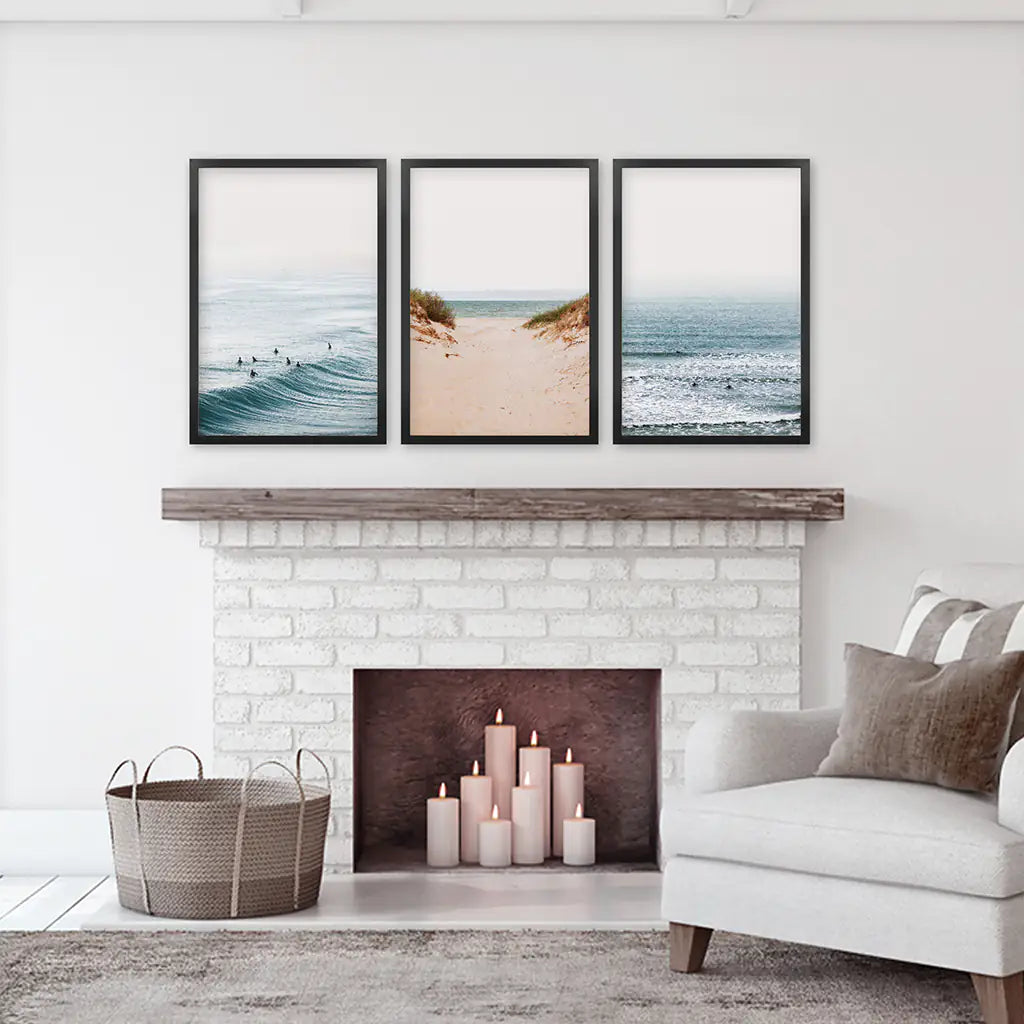Modern Beach Set of 3 Posters. Sandy Beach, Waves, Surfers