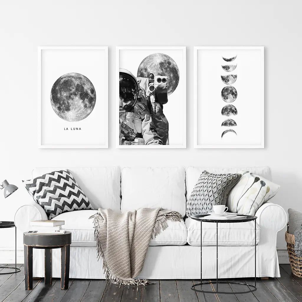 Modern Black White Moon Phases Wall Art Set of 3