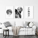 Modern Black White Moon Phases Wall Art Set of 3