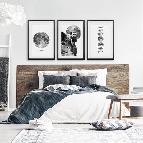 Modern Black White Moon Phases Wall Art Set of 3