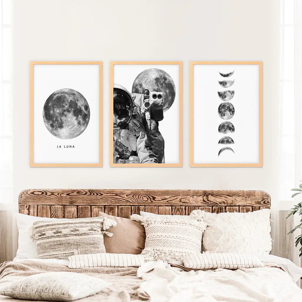 Modern Black White Moon Phases Wall Art Set of 3