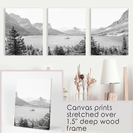 Glacier National Park. US Black White Mountain Lake Prints