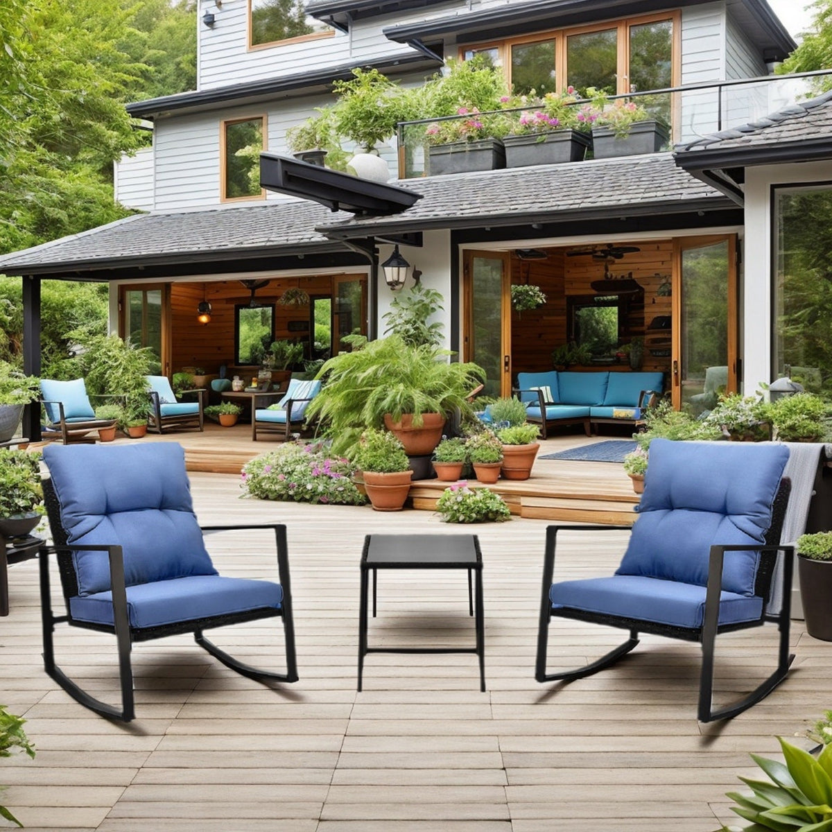 3 Piece Patio Bistro Set with Blue Cushions