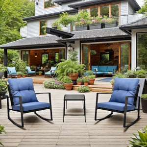 3 Piece Patio Bistro Set with Blue Cushions