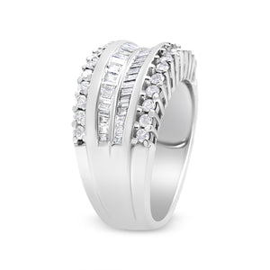 14K White Gold 1.00 Cttw Round and Baguette-Cut Diamond Modern Band Ring (H-I Color, SI2-I1 Clarity) - Ring Size 7
