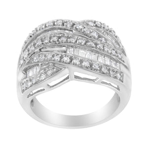 .925 Sterling Silver 1.0 Cttw Channel Set Alternating Round and Baguette Diamond Cross-over Bypass Ring Band (I-J Color, I2-I3 Clarity) - Size 7