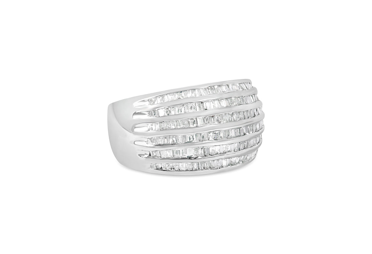 .925 Sterling Silver 1.0 Cttw Baguette-Cut Diamond 6-Row Channel Set Domed Tapered Cocktail Fashion Ring (H-I Color, I2-I3 Clarity) - Size 6-1/2