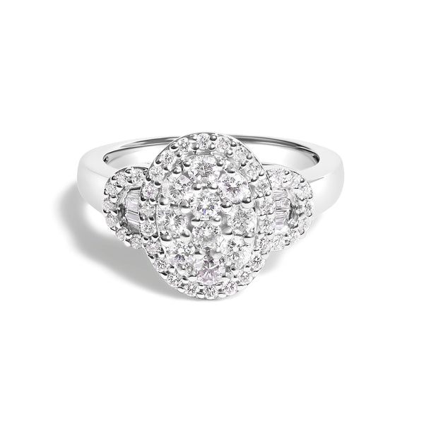 10K White Gold 1.0 Cttw Diamond Oval Cluster with Halo Vintage-Inspired Art Deco 3 Stone Style Statement Ring (G-H Color, SI1-SI2 Clarity) - Size 7
