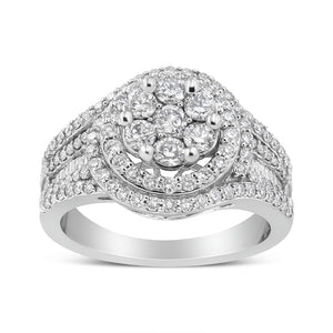 14K White Gold 1 1/2 Cttw Diamond Floral Cluster and Studded Shank Halo Ring (H-I Color, SI2-I1 Clarity) - Ring Size 7
