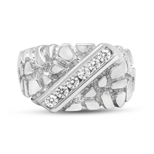 .925 Sterling Silver 1/3 Diamond 6 Stone Rectangle Nugget Gents Ring - Size 10