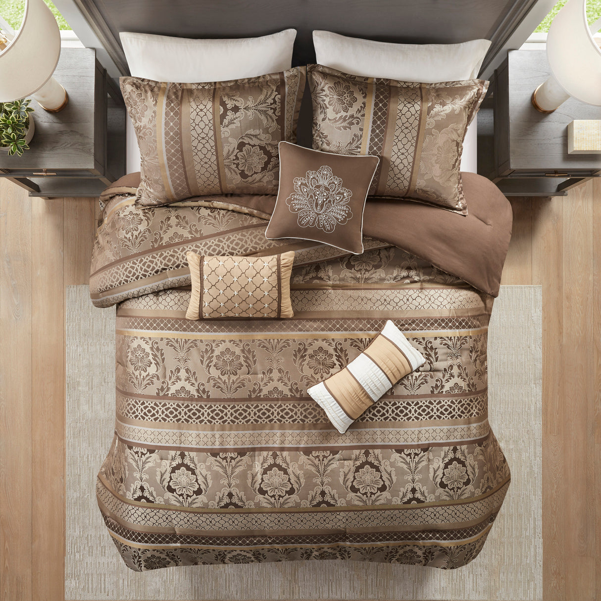 7 Piece Jacquard Comforter Set - Brown/Gold Cal King