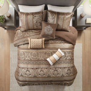 7 Piece Jacquard Comforter Set - Brown/Gold Cal King