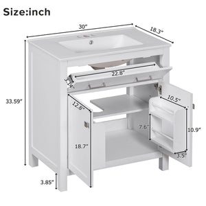 Bathroom Vanity With Ceramic Sink, Modern Single Bathroom Cabinet With 2 Doors And A Shelf, Soft Close Doors