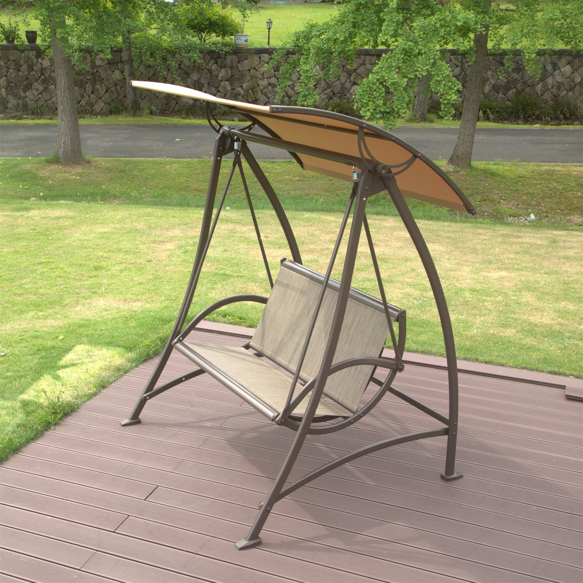 2-Seat Patio Swing Chair with Adjustable Canopy and Steel Frame