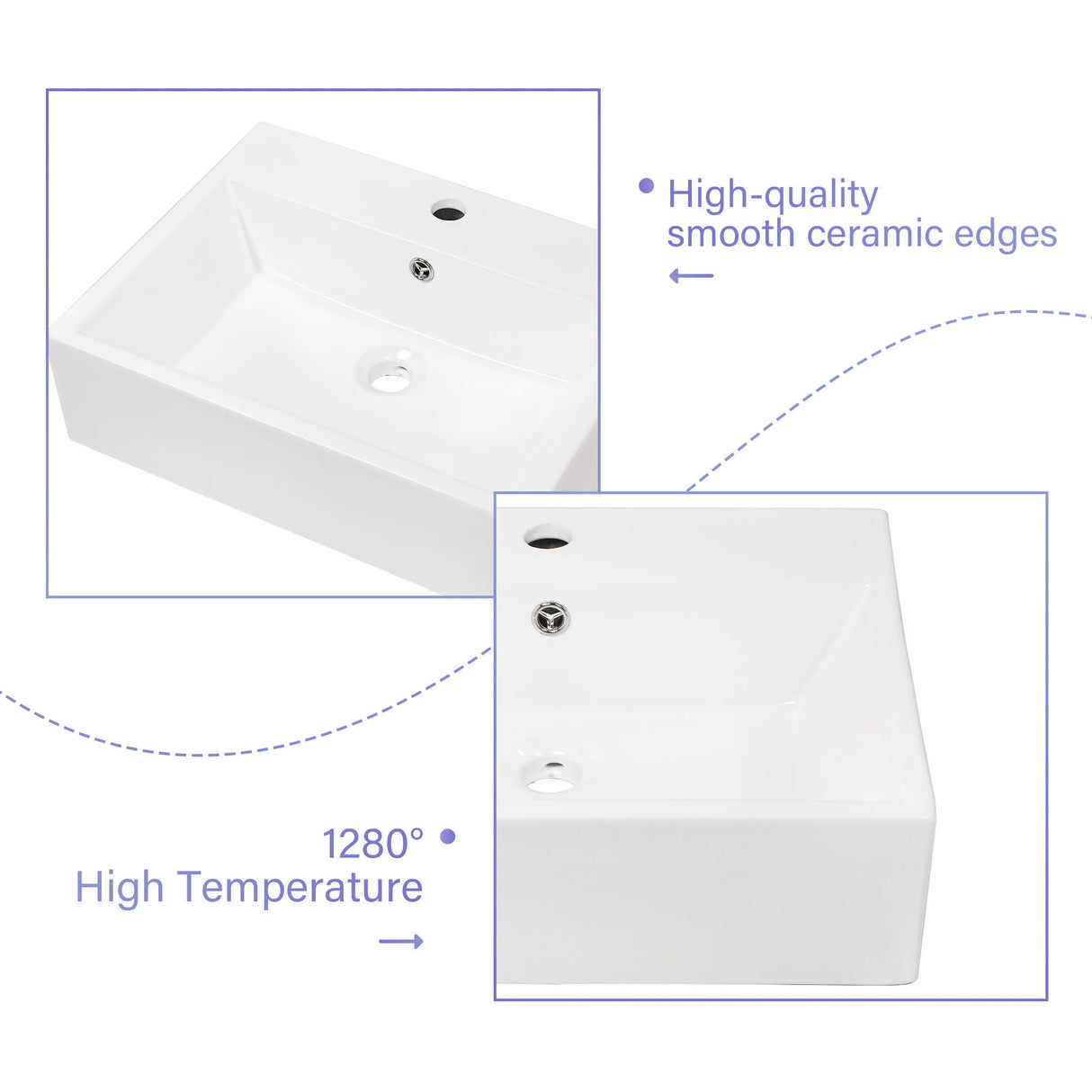 Modern Ceramic Rectangular Wall Mounted Bathroom Sink With Faucet Hole & Overflow