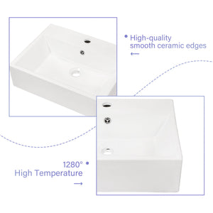 Modern Ceramic Rectangular Wall Mounted Bathroom Sink With Faucet Hole & Overflow