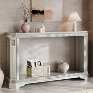 55-Inch Retro Carved Console Table, 2-Tier Open Storage, Champagne Silver