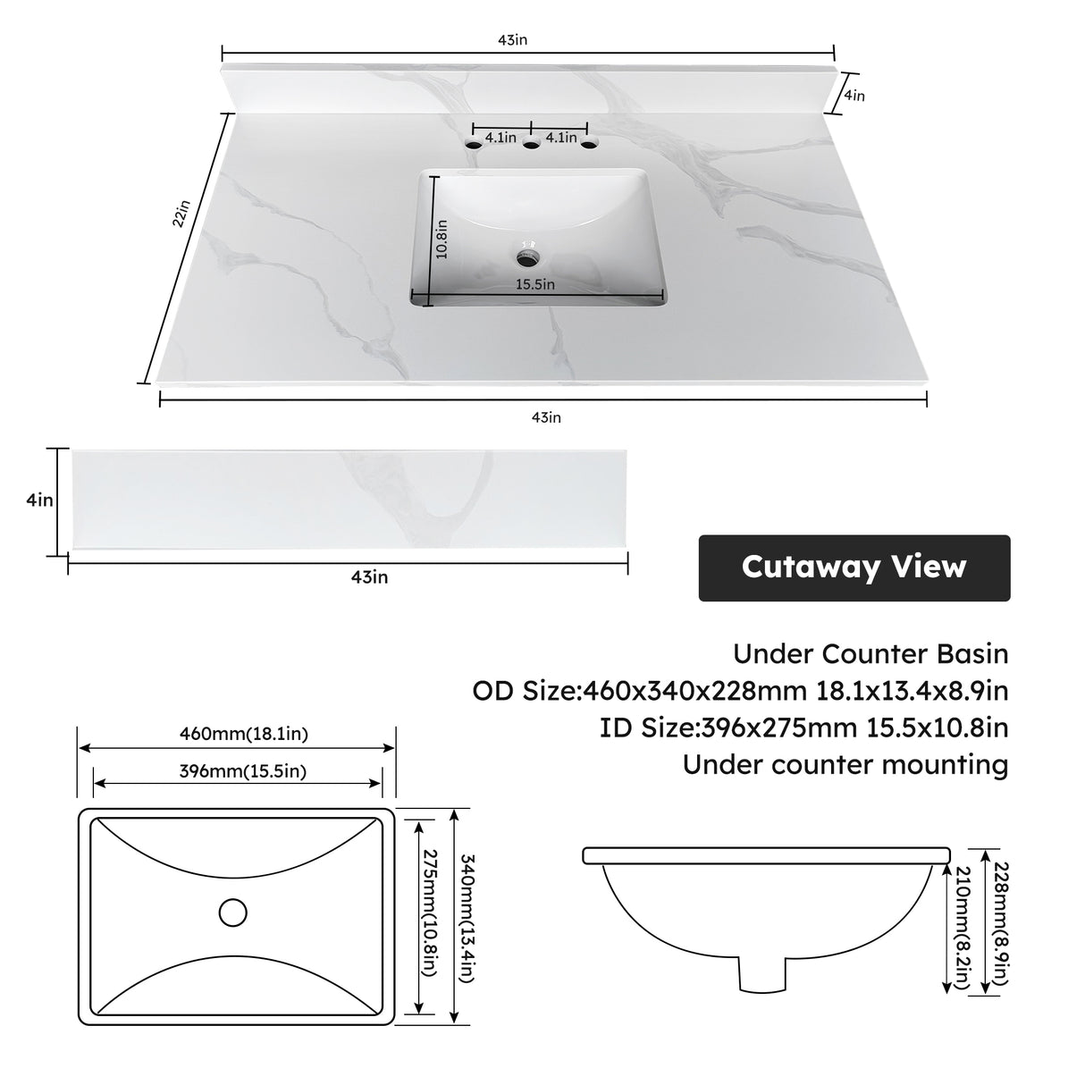 43-Inch Quartz Bathroom Vanity Top
