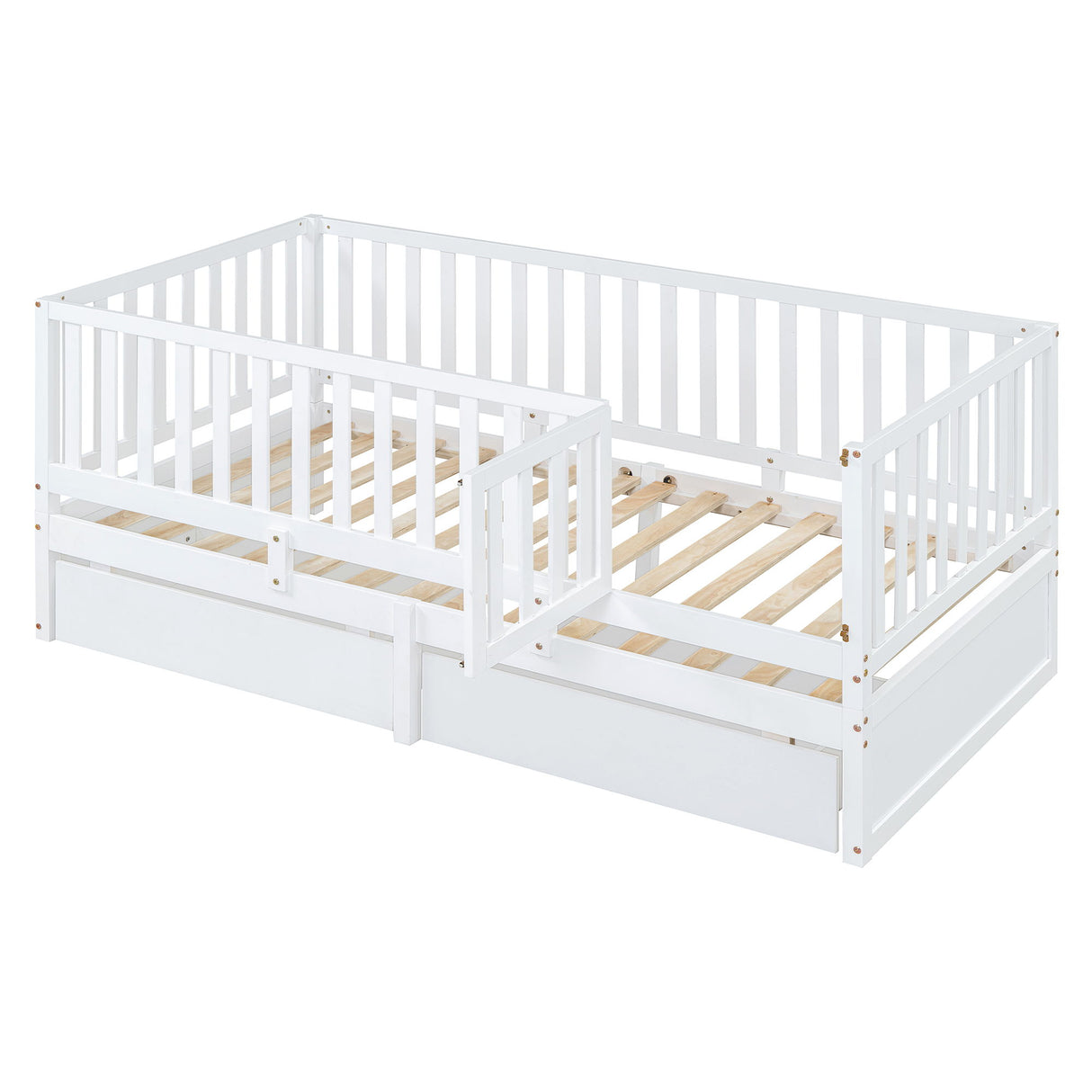 Daybed With Fence Guardrails And 2 Drawers, Split Into Independent Floor Bed & Daybed