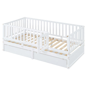Daybed With Fence Guardrails And 2 Drawers, Split Into Independent Floor Bed & Daybed